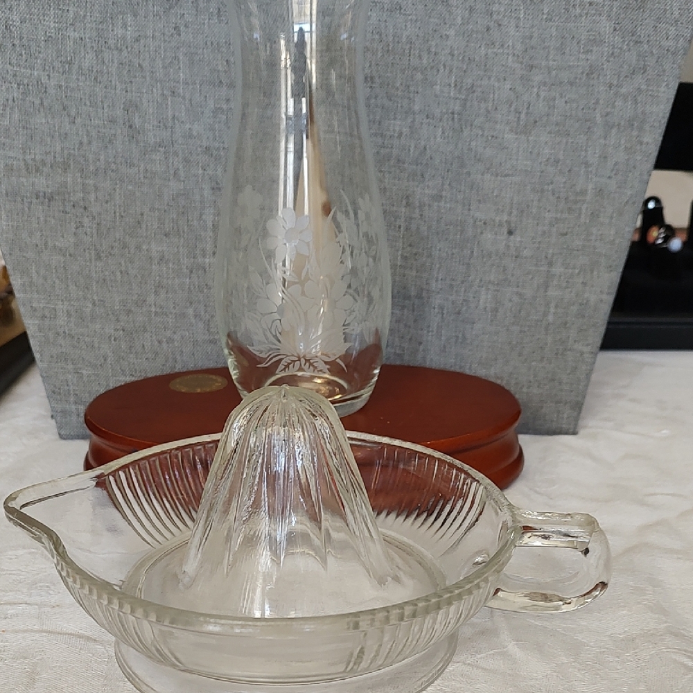 Vintage Reamer And Etched Glass Vase